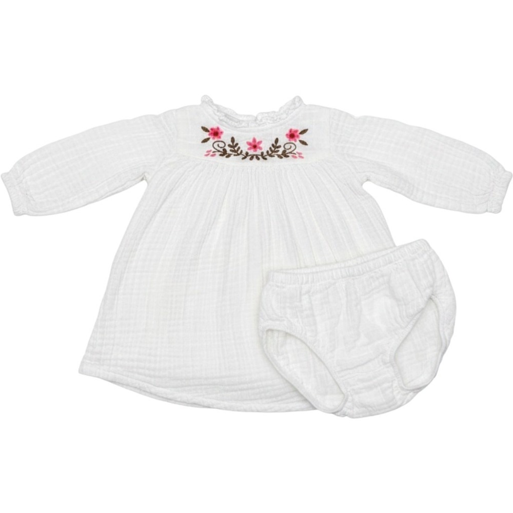 Laughing Llama Baby Girl White Cotton Gauze Embroidered Dress Set 9M FA23NBG3208